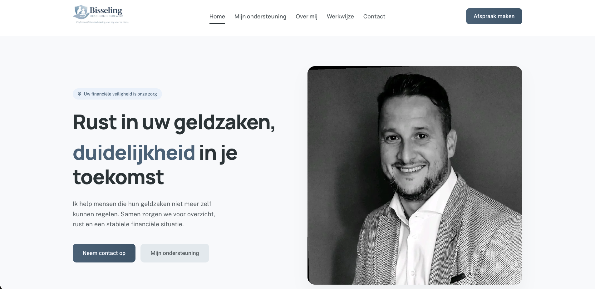 Screenshot van de homepage van Bisseling Beschermingsbewind